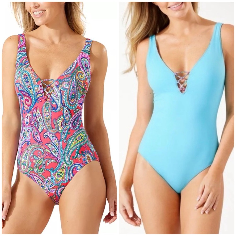 Tommy Bahama Women's Reversible Lace Up One Piece Swimsuit Paisley 6 *